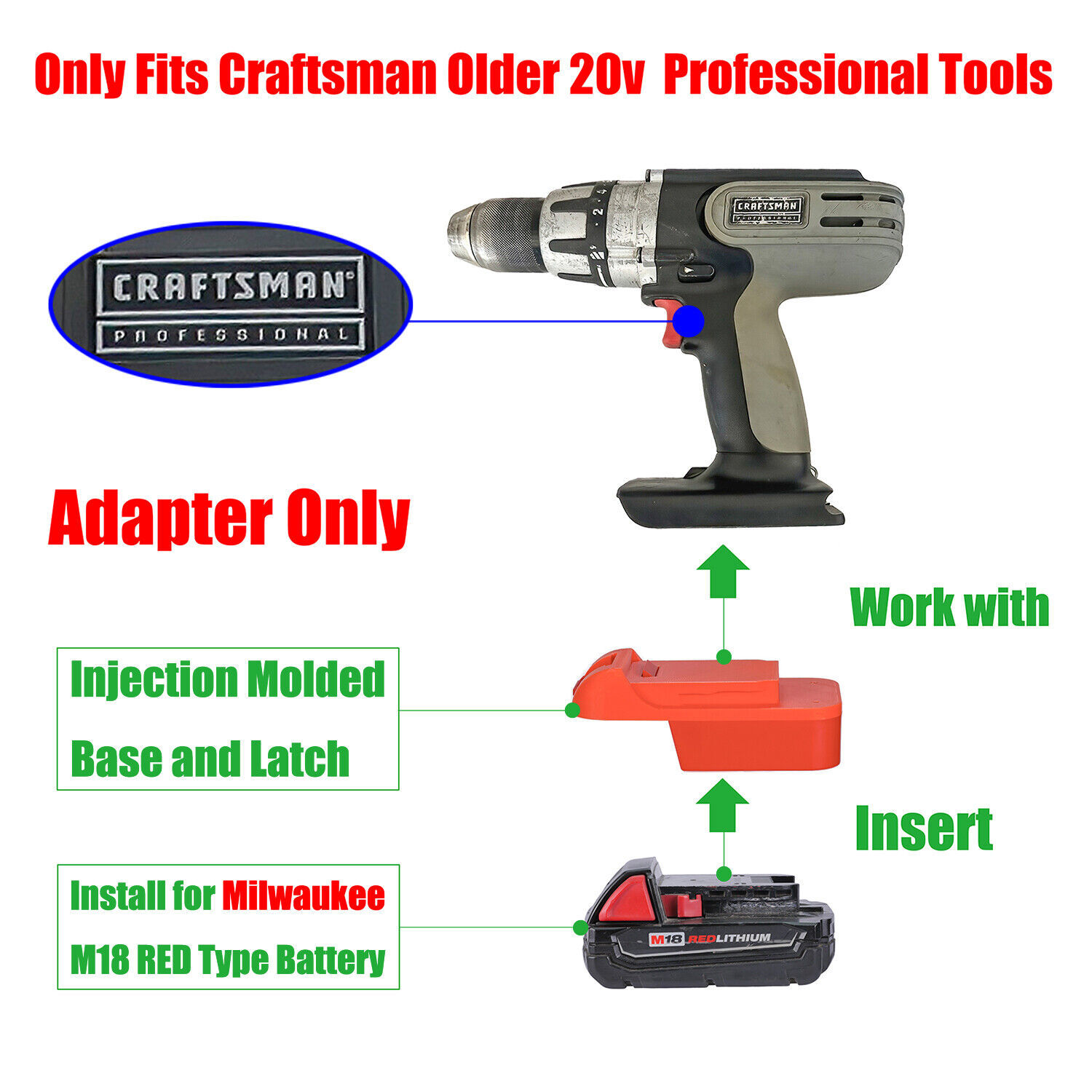 1 Adapter for Milwaukee M18 Batteries to Power Craftsman Old 20v Tools - No Charging Function, Adapter Only, Battery and Tool Not Included