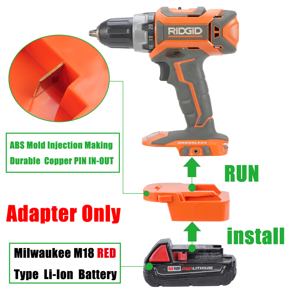 1x Adapter Fits Milwaukee M18 RED Li-Ion Battery To Ridgid 18v Type Tools - No Charging Function, Adapter Only, Battery and Tool Not Included