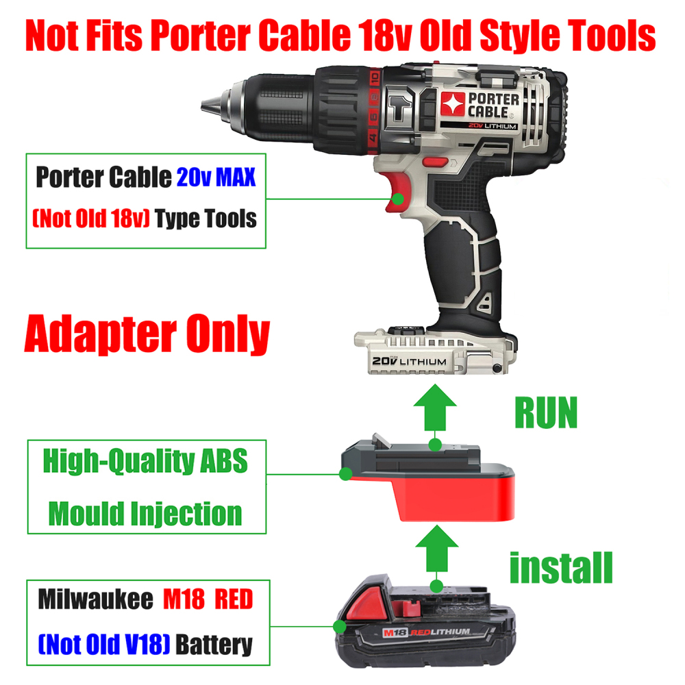 1x Milwaukee M18 RED Li-ION Battery To PORTER CABLE 20V MAX Tool Adapter - No Charging Function, Adapter Only, Battery and Tool Not Included