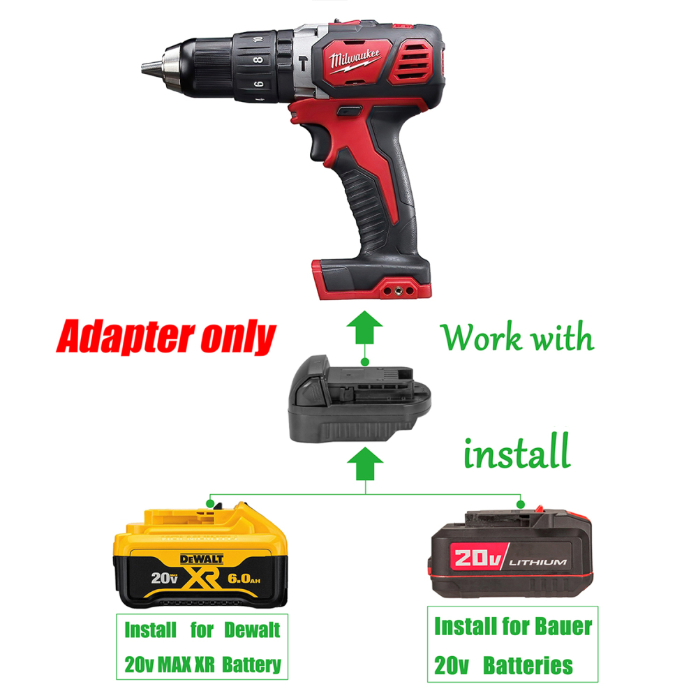 2-IN-1 Adapter Work On Bauer DeWalt 20V Li-Ion Battery For Milwaukee M18/XC Tool - No Charging Function, Adapter Only, Battery and Tool Not Included
