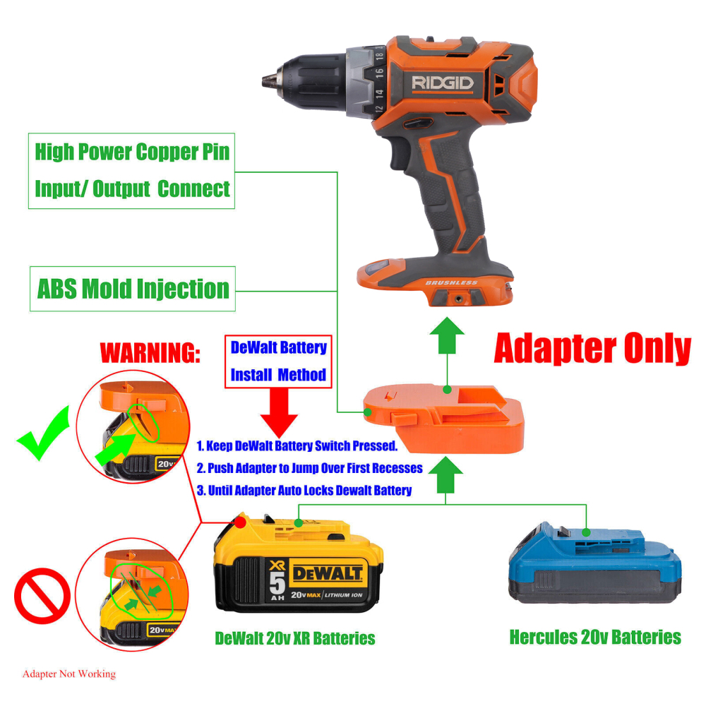 1x Adapter DeWalt 20v MAX XR & Hercules 20V Li-Ion Battery to Power Ridgid 18V Tools