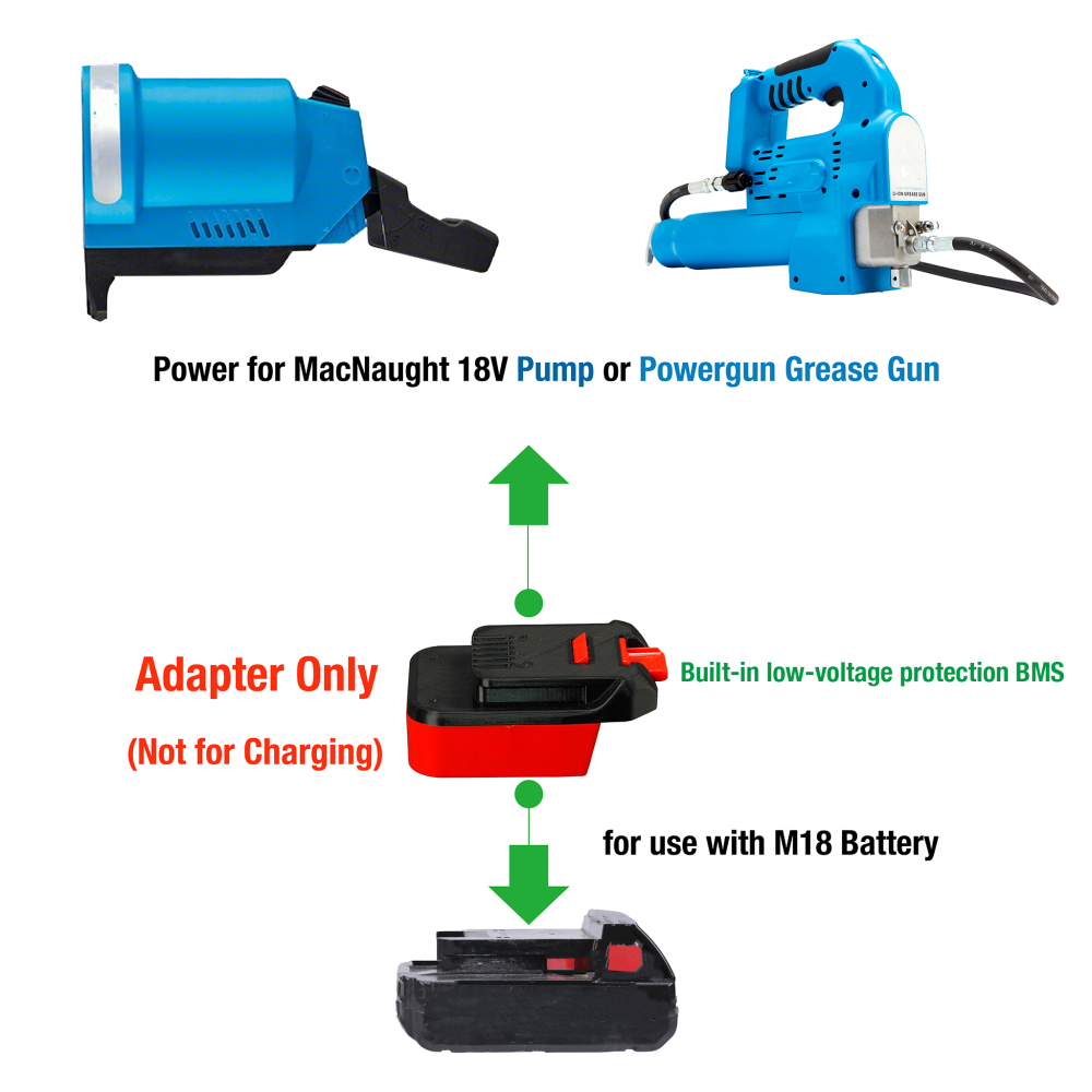 1x Adapter for Milwaukee M18 Battery to MacNaught 18V Pump or Powergun Grease Gun - Built-in low-voltage protection BMS