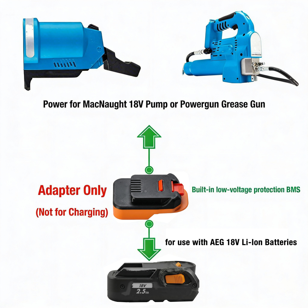 1x Adapter for Ridgid / AEG 18v Battery to MacNaught 18V Pump or Powergun Grease Gun - Built-in low-voltage protection BMS