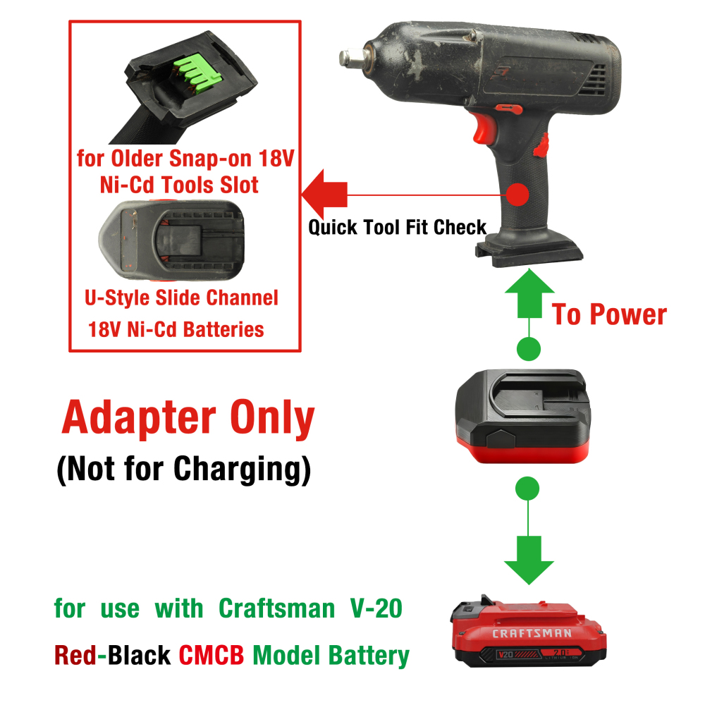 Adapter for New Craftsman V-20 CMCB Model Battery to Power Older Snap-on 18V Slider Ni-Cd Tools