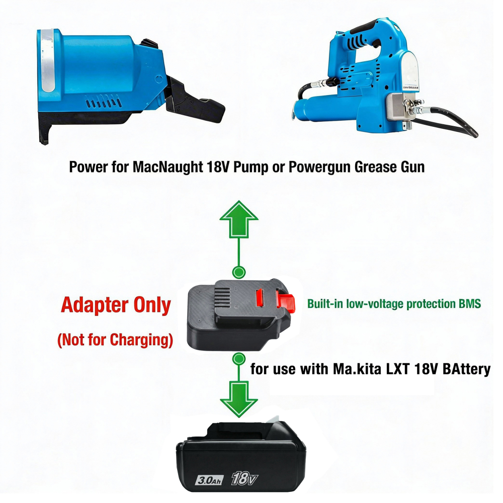 1x Adapter for Makita 18v LXT Li-Ion Battery to MacNaught 18V Pump or Powergun Grease Gun - Built-in low-voltage protection BMS