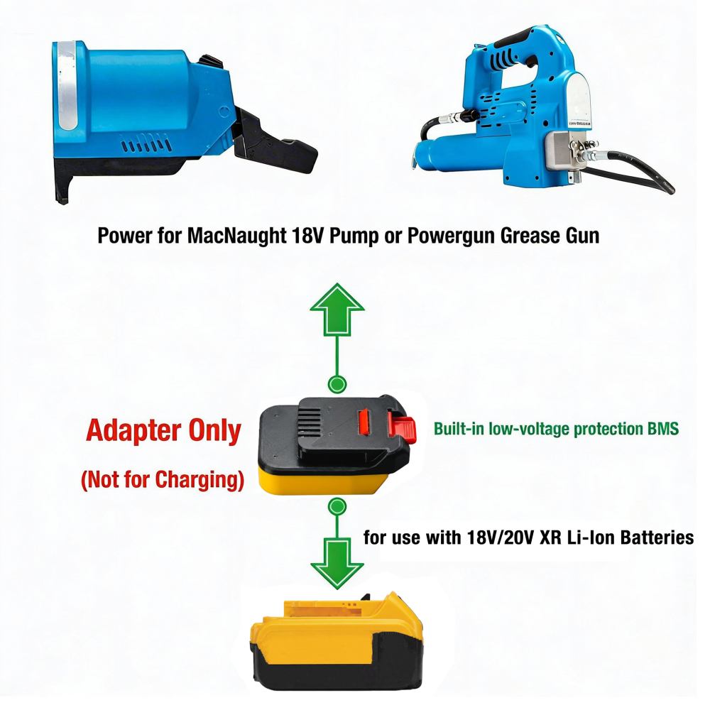 1x Adapter for DeWalt 18V / 20V XR Battery to MacNaught 18V Pump or Powergun Grease Gun - Built-in low-voltage protection BMS