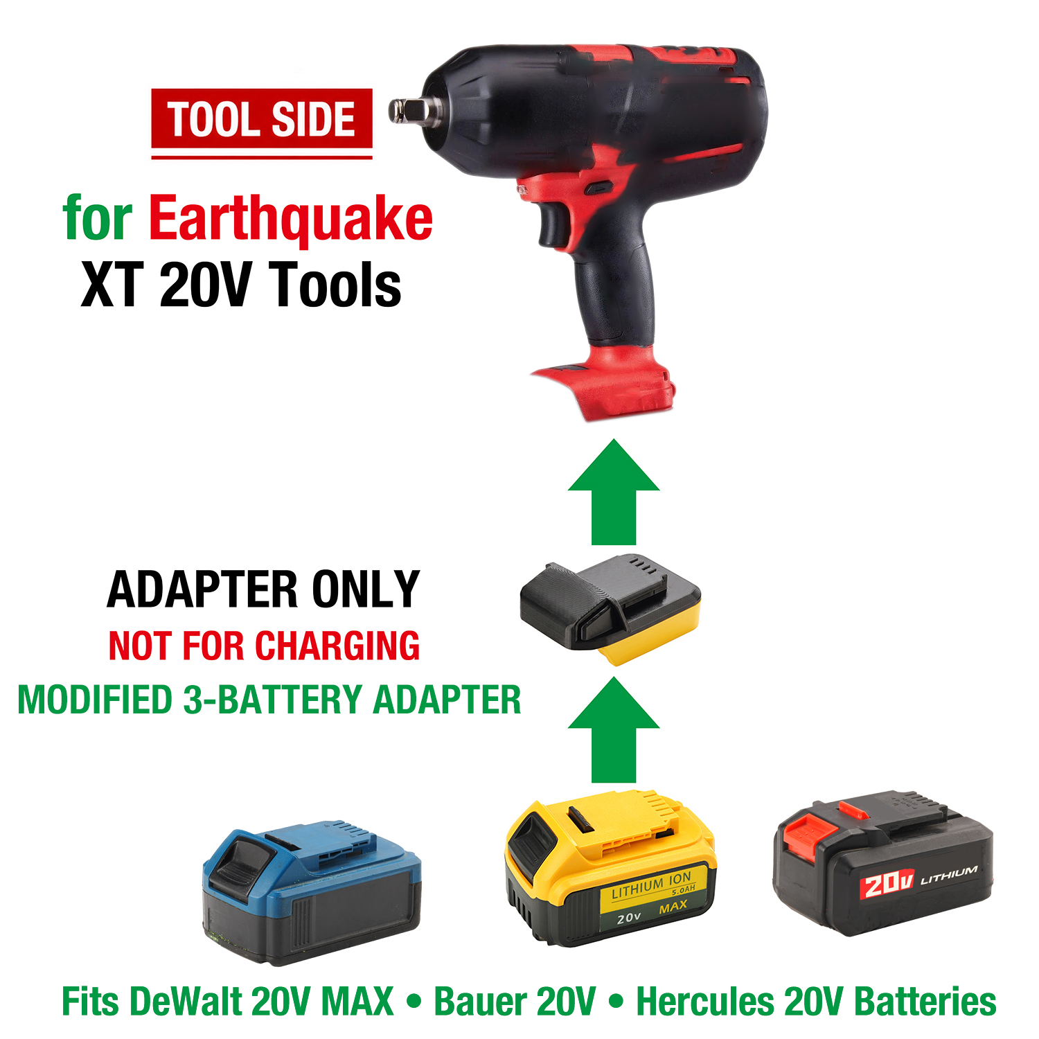 Modified 3-Battery Adapter for DeWalt, Bauer & Hercules 20V Batteries to Earthquake XT 20V Tools