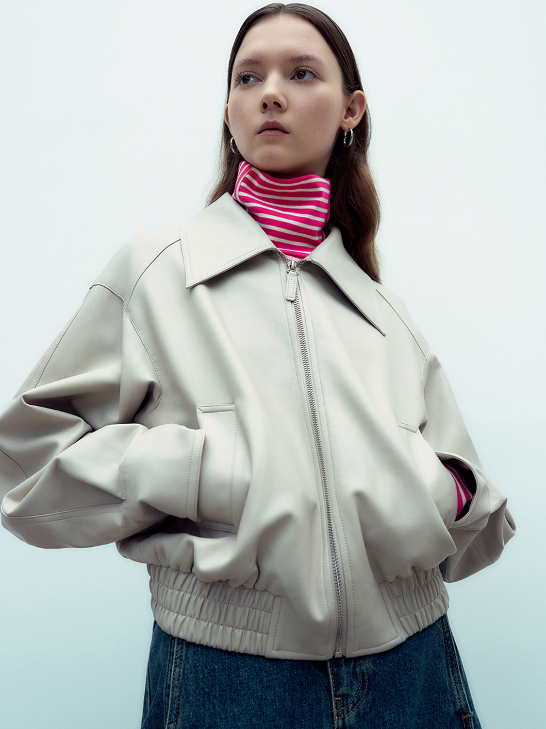 Women's lapel leather coat