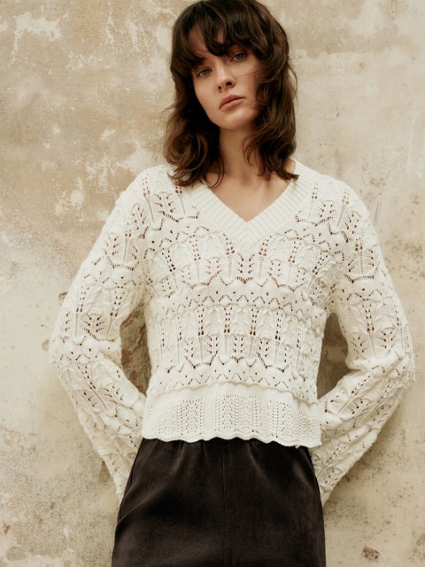 Elegant V-neck Design Textured Women's Knitwear