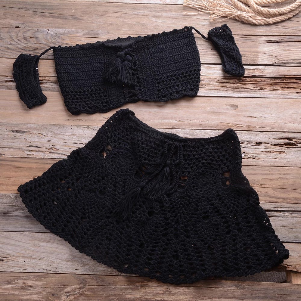 Vacation sexy two-piece swimsuit women's short skirt fringe two-piece beach hand-knitted bikini set