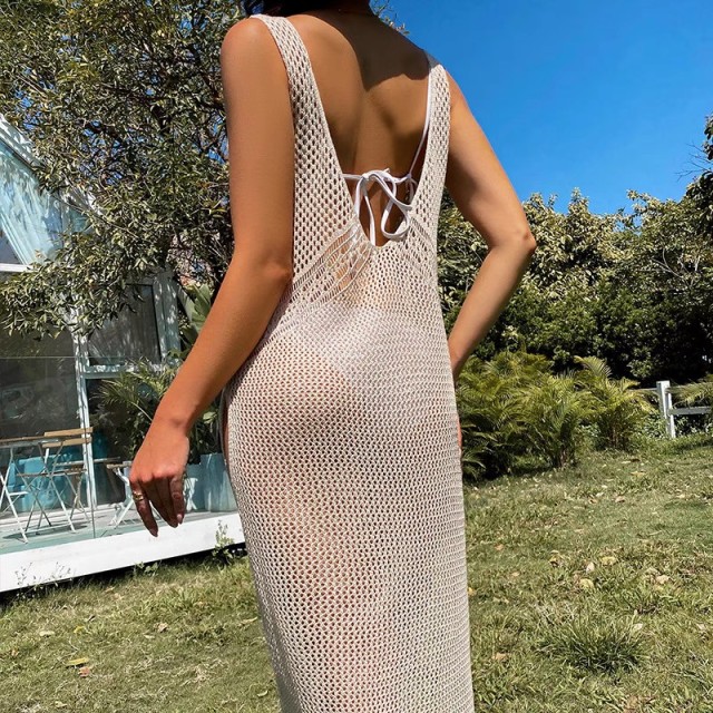 Split halter hollowed-out backless sexy hot beach holiday smock dress