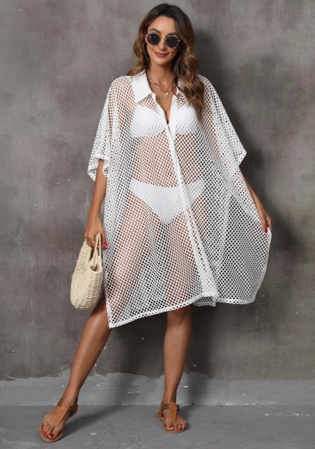 Beach smock Beach vacation Euro-American grid shirt collar loose hollow-out cardigan bikini cover skirt swimsuit smock