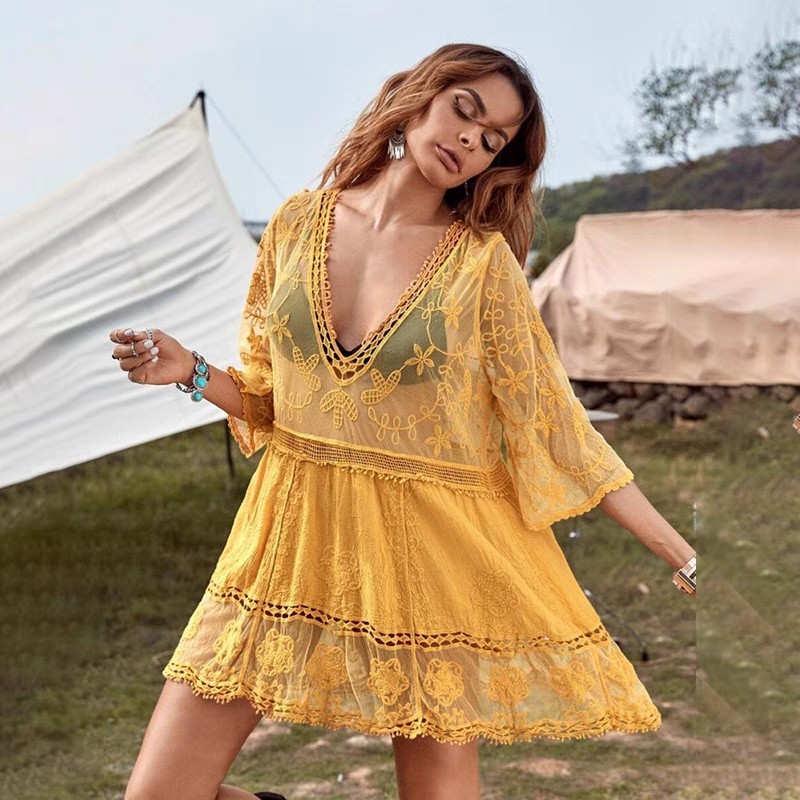 Hot spring Travel Sun protection sexy lace beach swimsuit vacation smock dress over a bikini smock