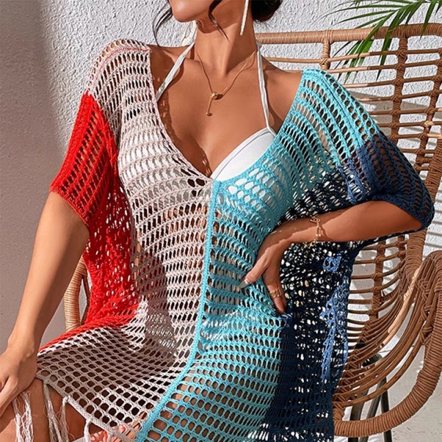 New color contrast sexy loose set head V-neck fringe hollowed out swimsuit coat smock bikini coat
