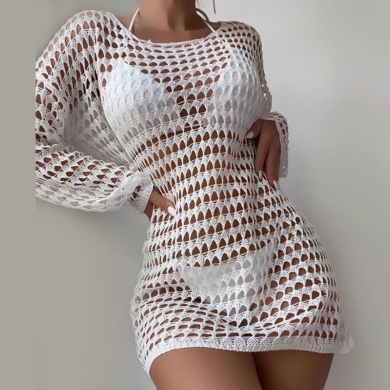 Bikini cover-up Sexy knit hollowed-out cover skirt pullover round neck sunblock long sleeve swimsuit cover skirt beach cover-up