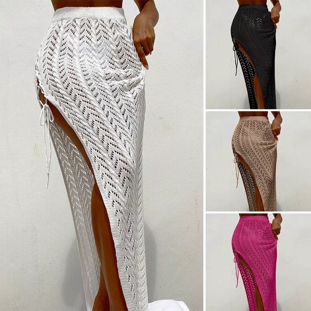 Bikini cover skirt Sexy hollow lace knit split holiday long skirt sunblock beach cover skirt