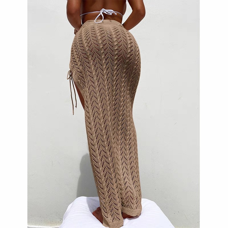 Bikini cover skirt Sexy hollow lace knit split holiday long skirt sunblock beach cover skirt