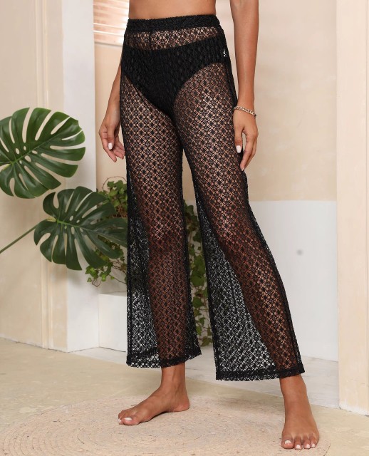 See through cutout pants Lace wide leg pants nine-point beach pants Bikini cover pants