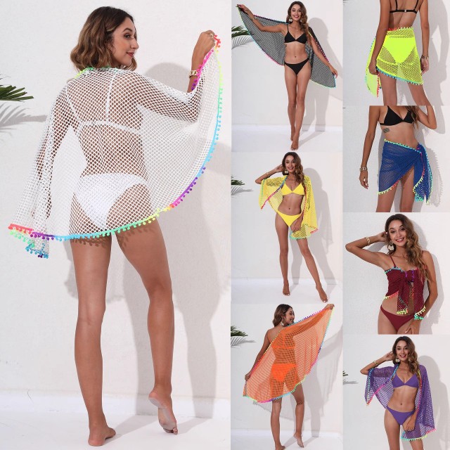 Beach bikini smock wrap skirt multi-wear fringe patchwork one-piece shawl swimsuit cover skirt