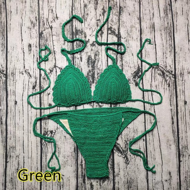 Hot spring seaside holiday style braided lace-up chest pad crochet swimming foreign trade knitted bikini set