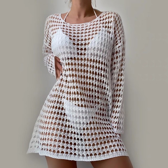 Bikini cover-up Sexy knit hollowed-out cover skirt pullover round neck sunblock long sleeve swimsuit cover skirt beach cover-up