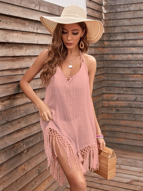 Bikini smock V-neck halter halter fringe sunblock hot spring bathing suit with women's beach holiday beach cover skirt