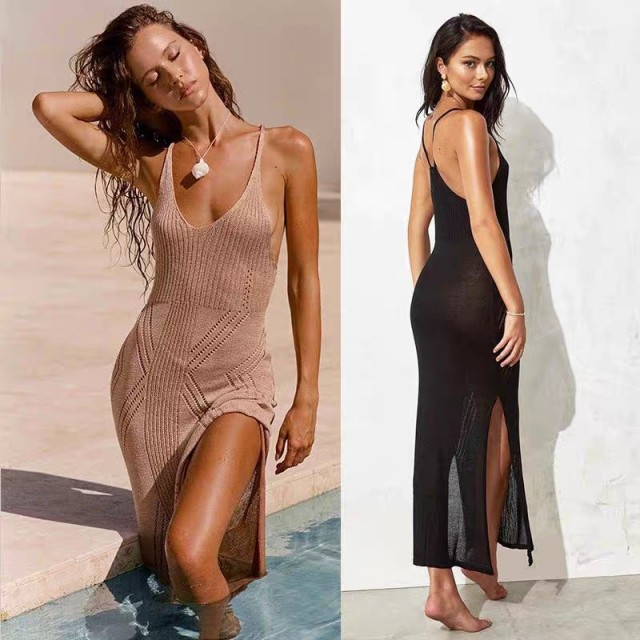 Swimsuit coat smock Knit wispy backless skirt Bikini smock Sexy vacation long dress beach dress smock