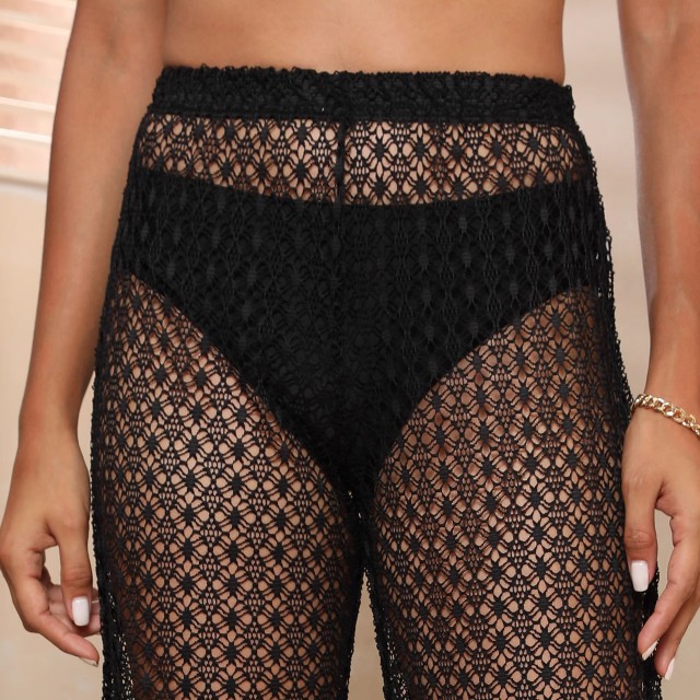 See through cutout pants Lace wide leg pants nine-point beach pants Bikini cover pants