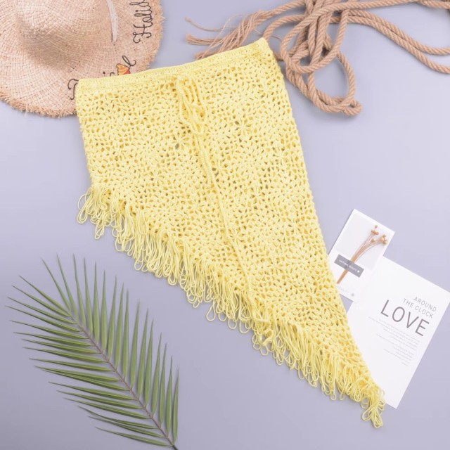 Sexy see-through cut-out hand hook knitted bikini skirt with open diagonal fringe beach skirt