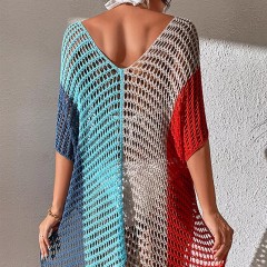 New color contrast sexy loose set head V-neck fringe hollowed out swimsuit coat smock bikini coat