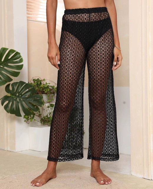 See through cutout pants Lace wide leg pants nine-point beach pants Bikini cover pants