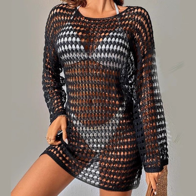 Bikini cover-up Sexy knit hollowed-out cover skirt pullover round neck sunblock long sleeve swimsuit cover skirt beach cover-up