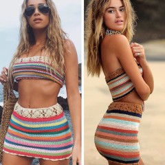 Seaside resort colorful striped split swimsuit skirt Beach hand hook knit bikini set