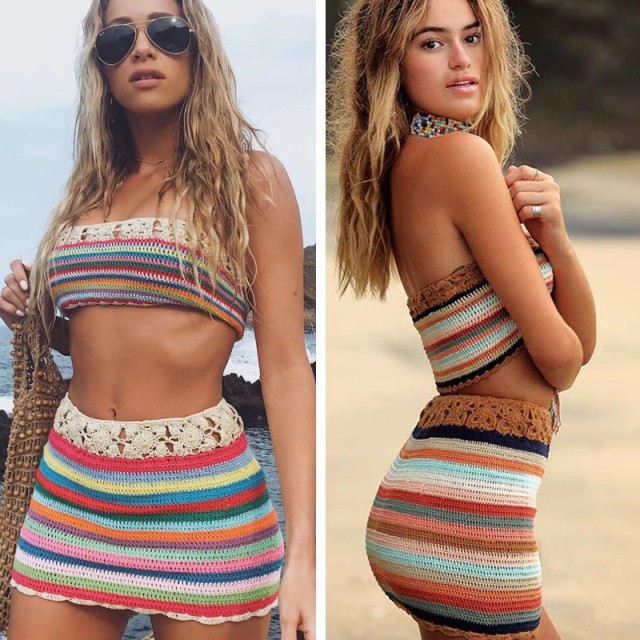 Seaside resort colorful striped split swimsuit skirt Beach hand hook knit bikini set