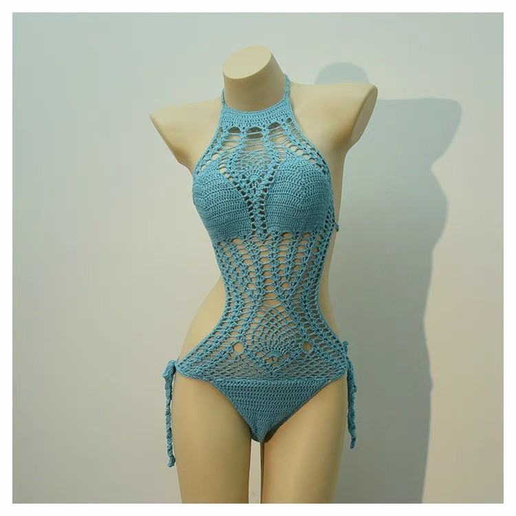 Short knit halter sexy U-neck hollowed-out split dress hot spring beach cover skirt swimsuit bikini skirt