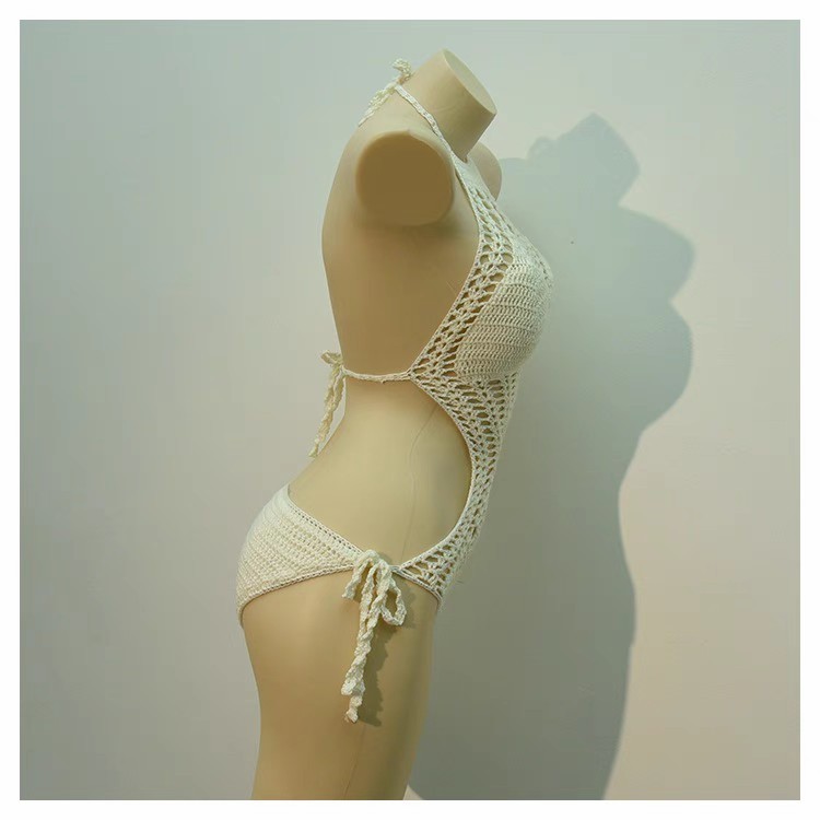 Short knit halter sexy U-neck hollowed-out split dress hot spring beach cover skirt swimsuit bikini skirt