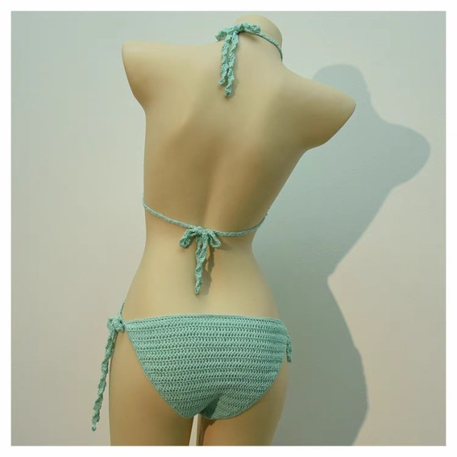 Short knit halter sexy U-neck hollowed-out split dress hot spring beach cover skirt swimsuit bikini skirt