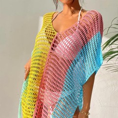 New color contrast sexy loose set head V-neck fringe hollowed out swimsuit coat smock bikini coat