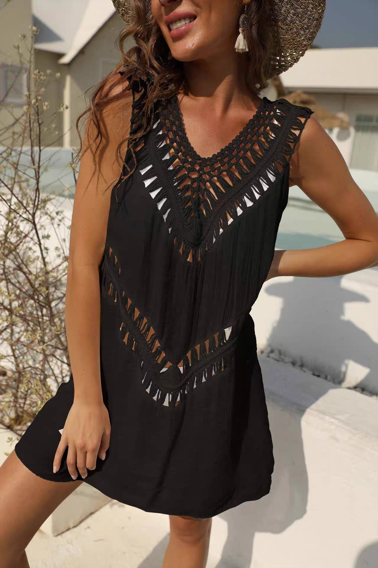 Hand-hook spliced V-neck sundress A-line skirt Swimsuit smock beach bikini cover skirt Bikini cover skirt