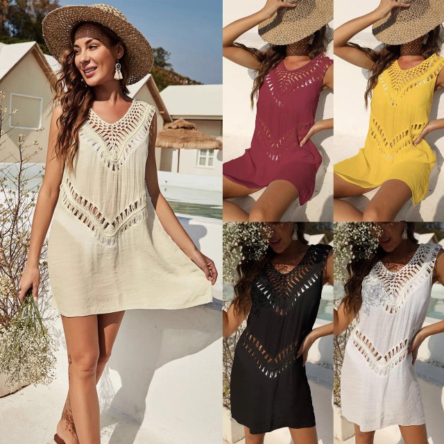 Hand-hook spliced V-neck sundress A-line skirt Swimsuit smock beach bikini cover skirt Bikini cover skirt