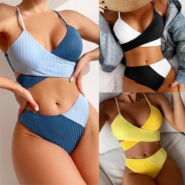 Black pit strip cross strap color matching push-up two-piece swimsuit women's skinny-looking bikini hot spring swimming suit