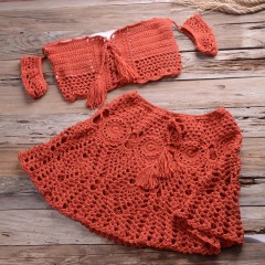 Vacation sexy two-piece swimsuit women's short skirt fringe two-piece beach hand-knitted bikini set