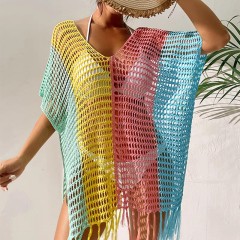New color contrast sexy loose set head V-neck fringe hollowed out swimsuit coat smock bikini coat