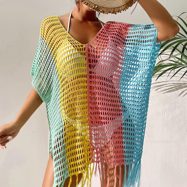 New color contrast sexy loose set head V-neck fringe hollowed out swimsuit coat smock bikini coat