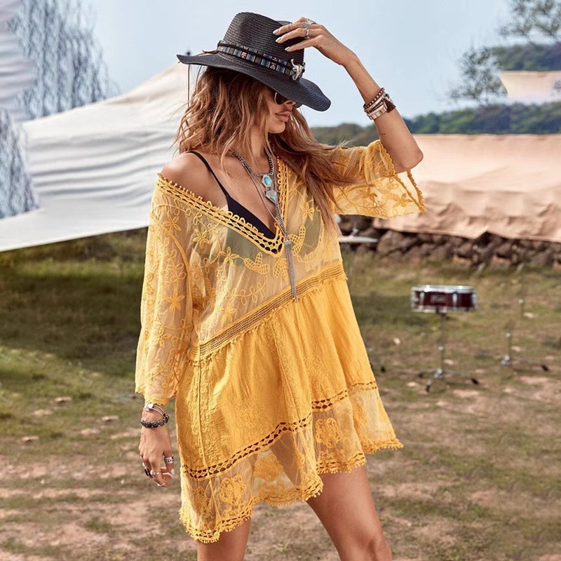 Hot spring Travel Sun protection sexy lace beach swimsuit vacation smock dress over a bikini smock