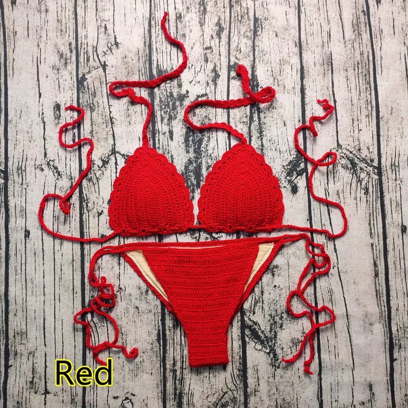 Hot spring seaside holiday style braided lace-up chest pad crochet swimming foreign trade knitted bikini set