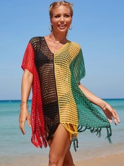 New color contrast sexy loose set head V-neck fringe hollowed out swimsuit coat smock bikini coat