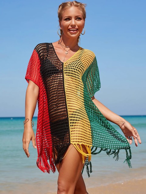 New color contrast sexy loose set head V-neck fringe hollowed out swimsuit coat smock bikini coat