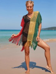 New color contrast sexy loose set head V-neck fringe hollowed out swimsuit coat smock bikini coat