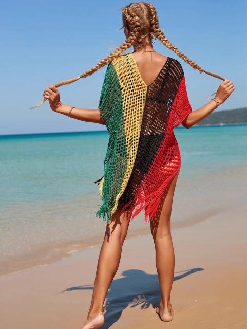 New color contrast sexy loose set head V-neck fringe hollowed out swimsuit coat smock bikini coat